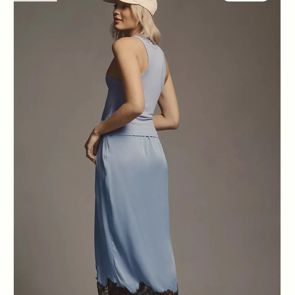 NWT Anthropologie Elegant Blue Skirt with Black Lace Trim